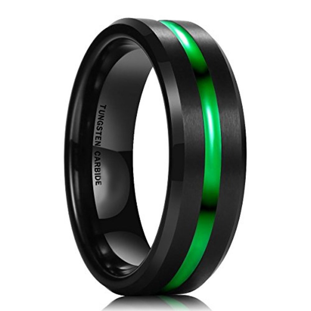 Mens Wedding Band (8mm). Black & Green Lined Matte Finish Tungsten Carbide Ring